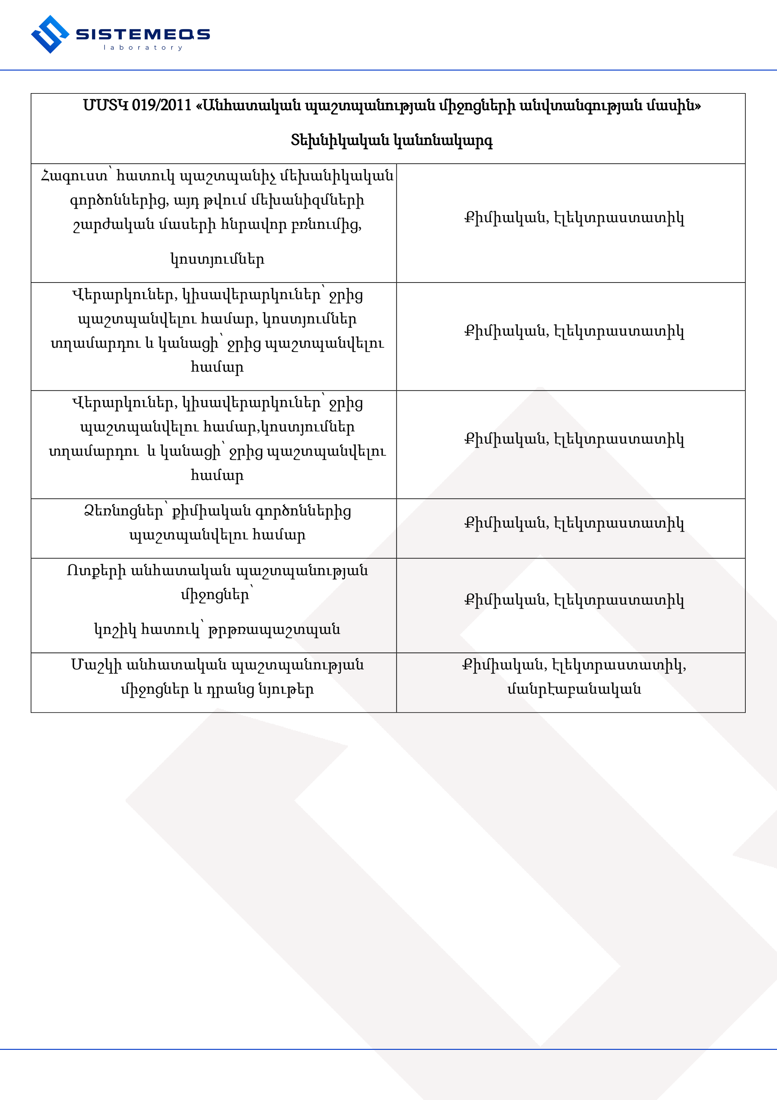 ՄՄՏԿ 019/2011 Անհատական պաշտպանության միջոցների անվտանգություն